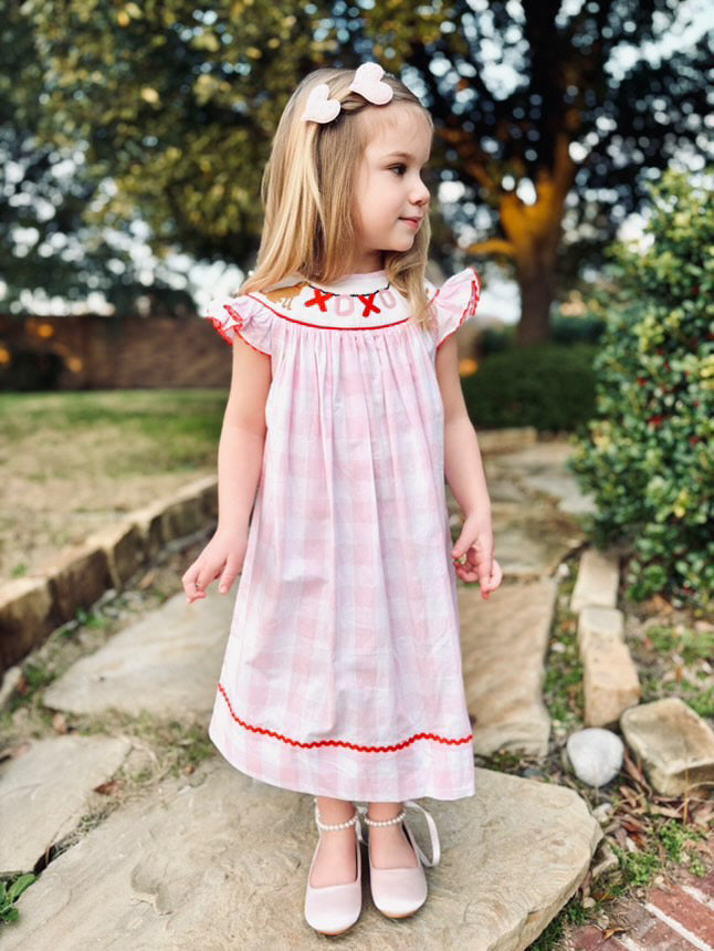 GIRLS SMOCKED DOG XOXO CHECK DRESS-Pink and Red