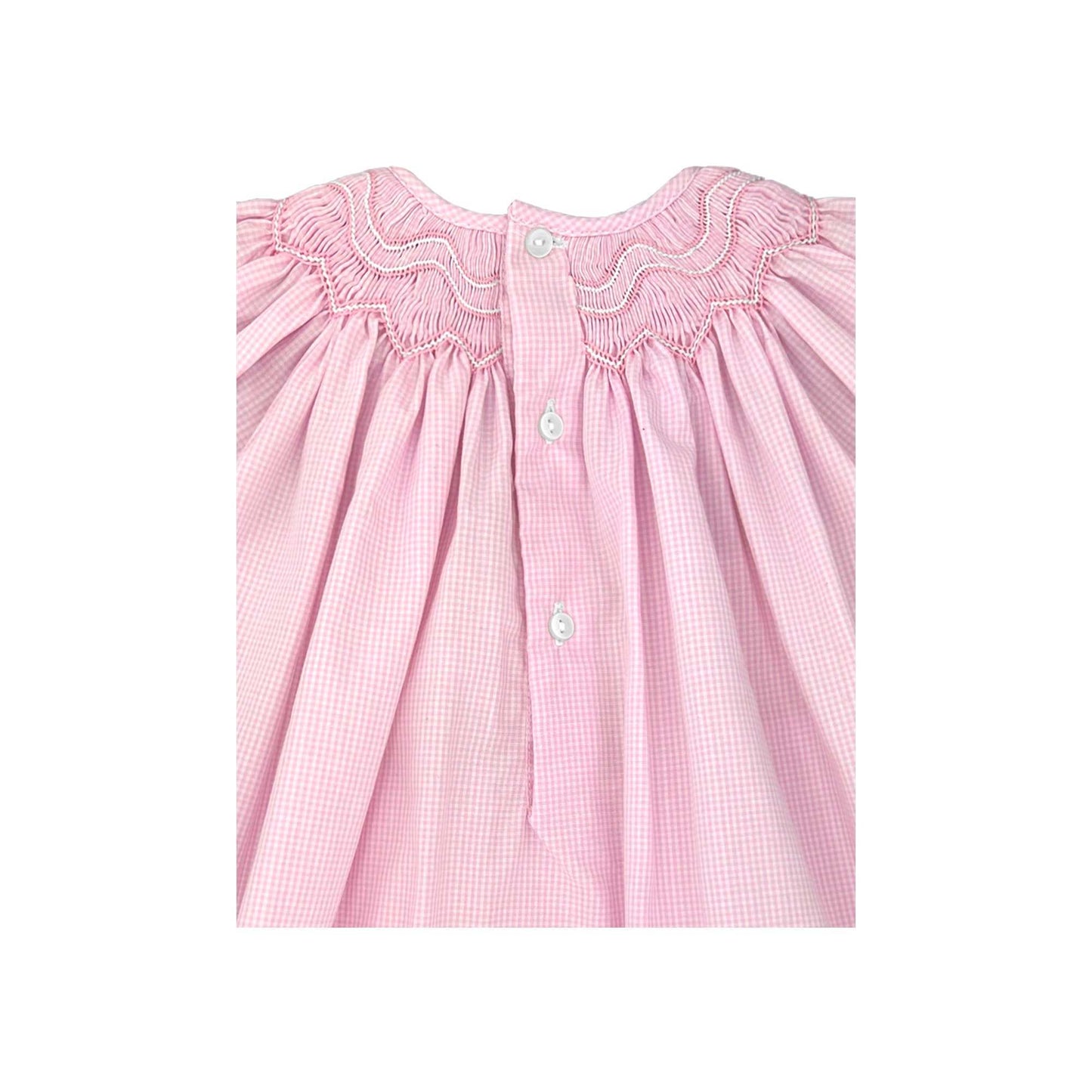 Pink Heirloom Bishop Zig-Zag Smocked Dress back button