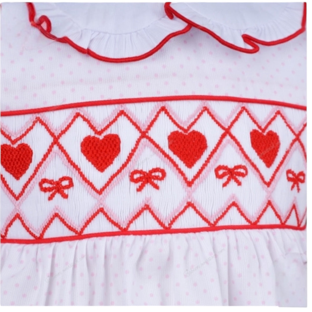 White Handsmocked Heart and Bow Dress