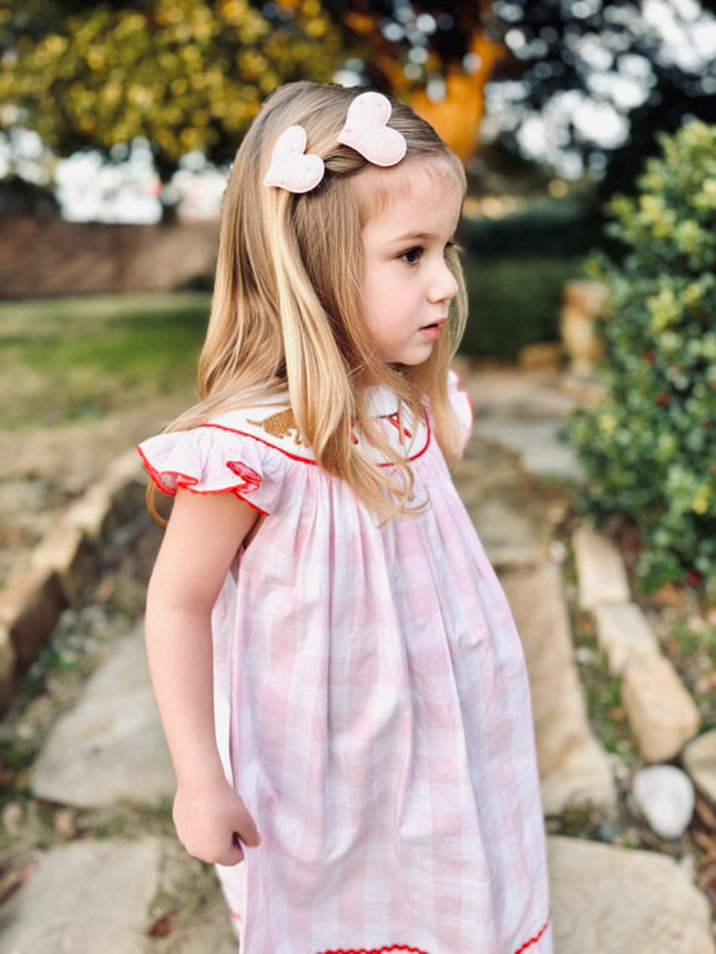 GIRLS SMOCKED DOG XOXO CHECK DRESS-Pink and Red