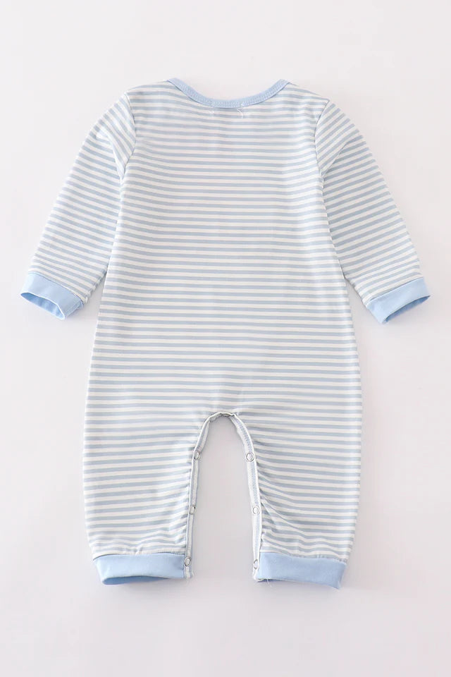 Blue stripe dump car applique boy romper