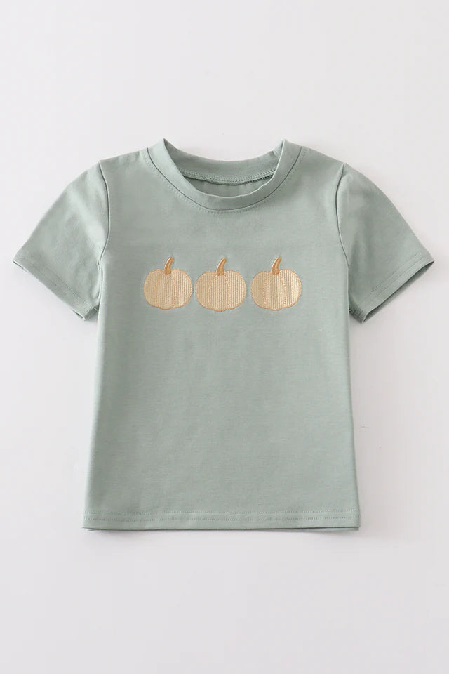 Green Embroidered Boys Pumpkin Shirt