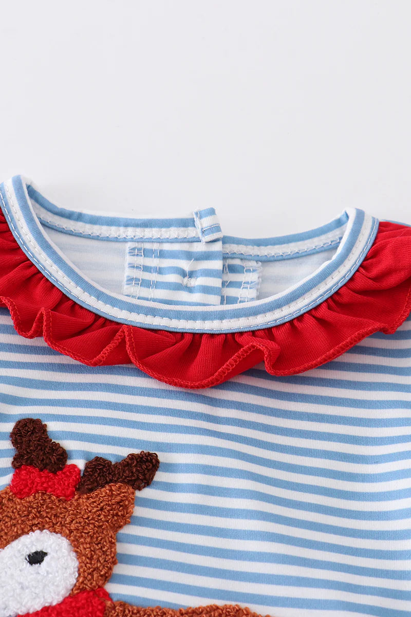 Blue and White Striped Deer French Knot Girl Romper