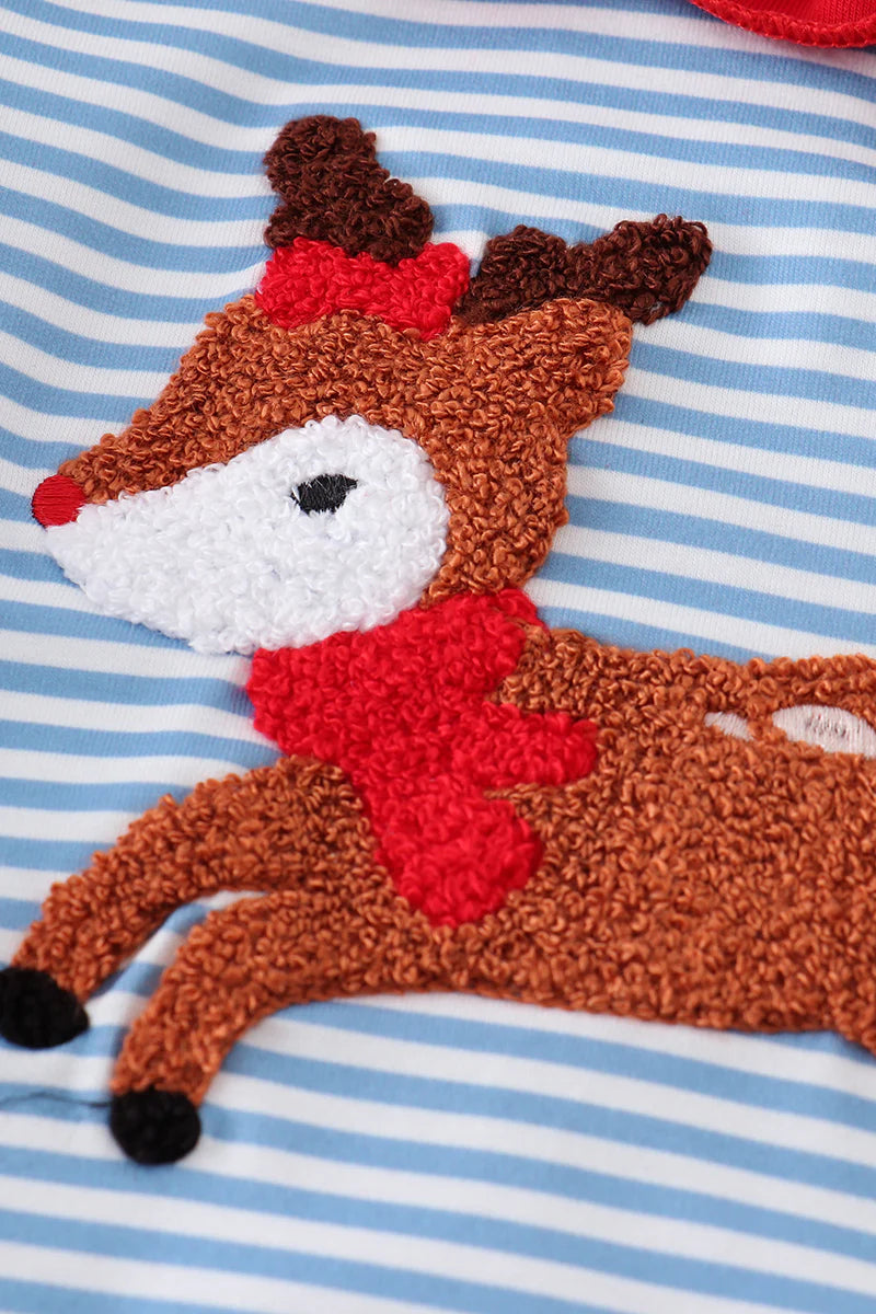 Blue and White Striped Deer French Knot Girl Romper