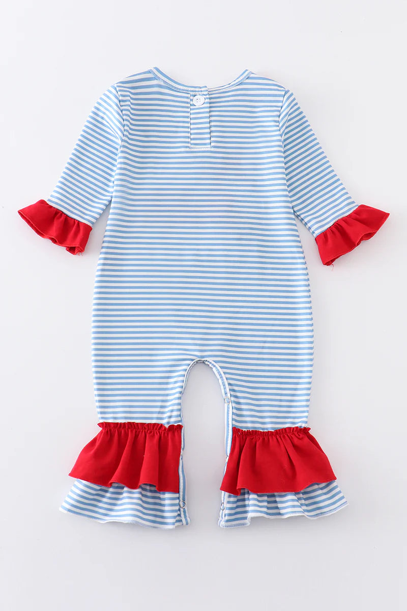 Blue and White Striped Deer French Knot Girl Romper