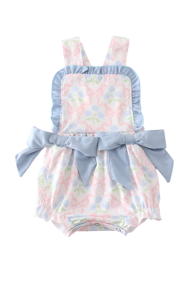 Flower and bow print Girl Bubble with Side Bows and ruffles