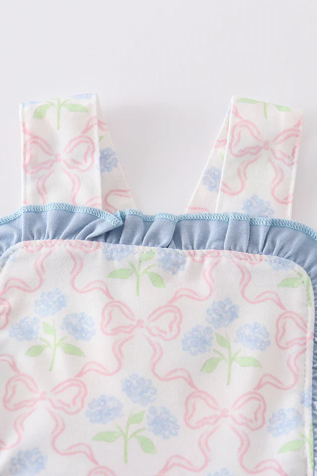 Flower and bow print Girl Bubble with Side Bows and ruffles