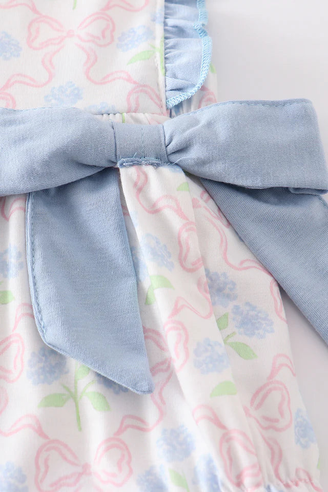 Flower and bow print Girl Bubble with Side Bows and ruffles