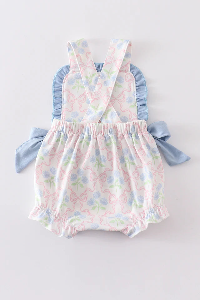 Flower and bow print Girl Bubble with Side Bows and ruffles