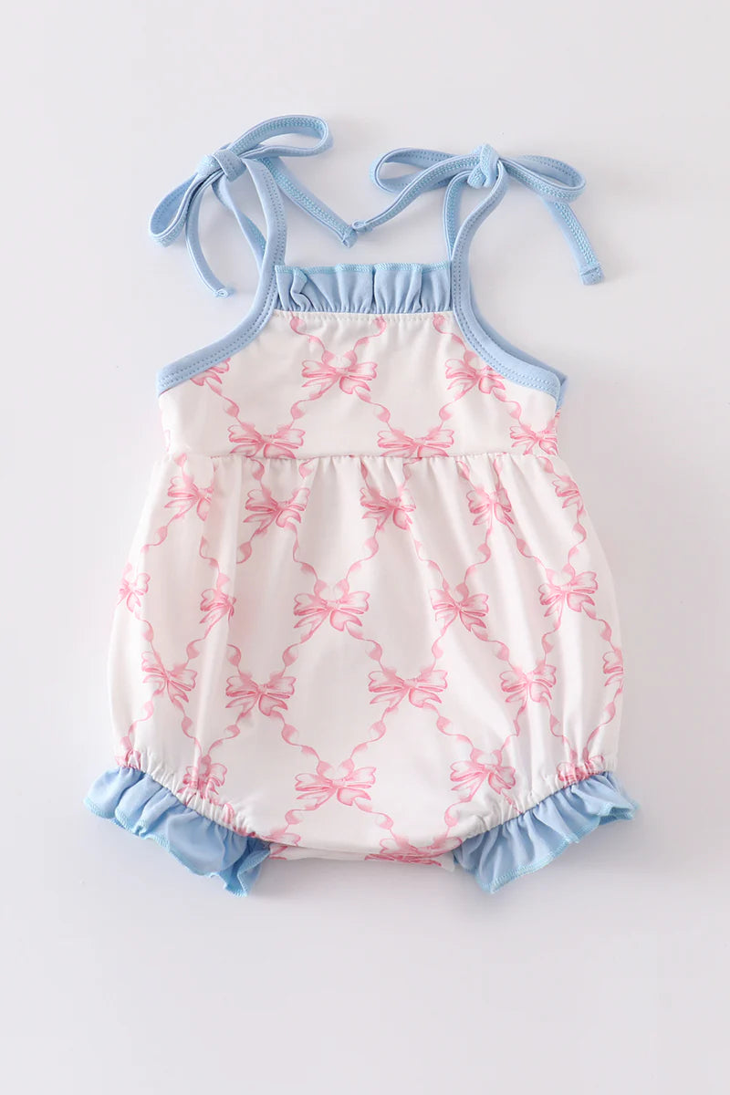 Pink Bow Print bubble with Tie Shoulders