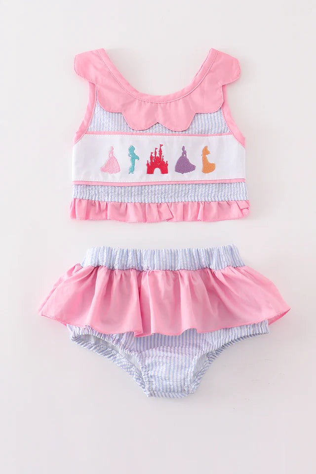SEERSUCKER CASTLE EMBROIDERY 2PC GIRL SWIMSUIT