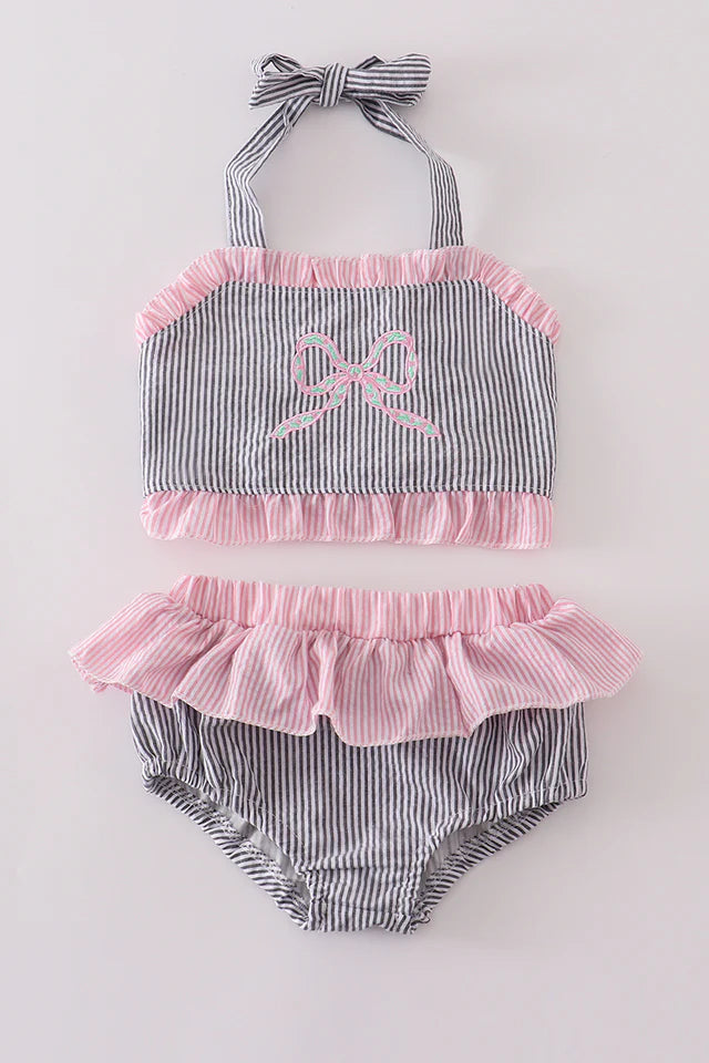 PINK SEERSUCKER BOW EMBROIDERY 2PC SWIMSUIT