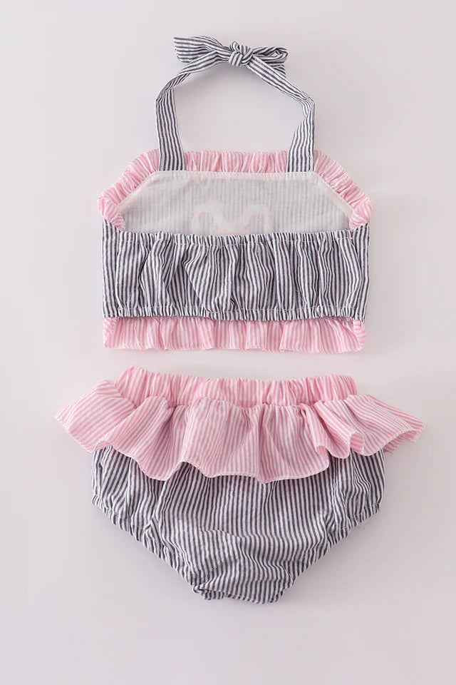 PINK SEERSUCKER BOW EMBROIDERY 2PC SWIMSUIT