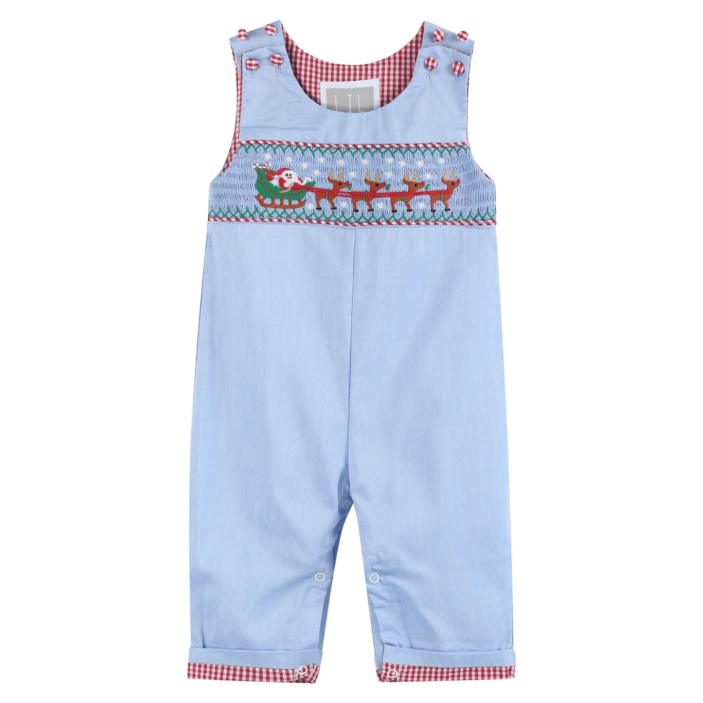 Light Blue Smocked Santa and Sleigh Overalls