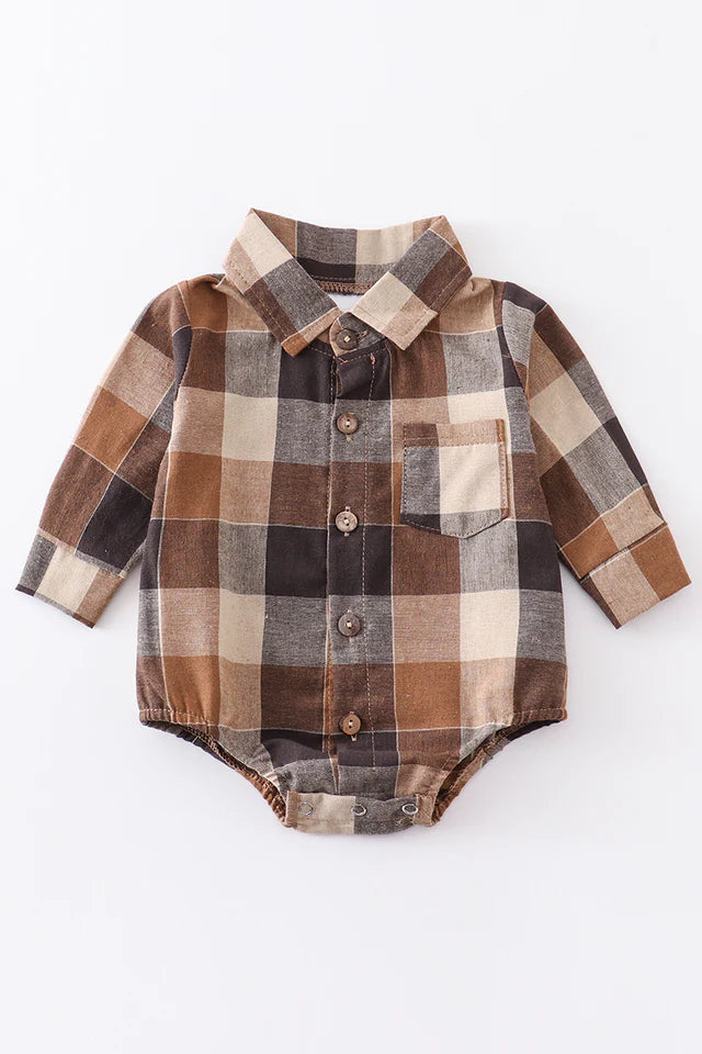 Brown Plaid Button Down Boys Onesie Shirt