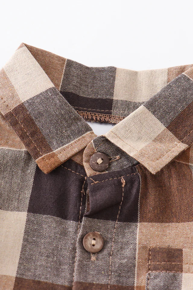 Brown Plaid Button Down Boys Onesie Shirt