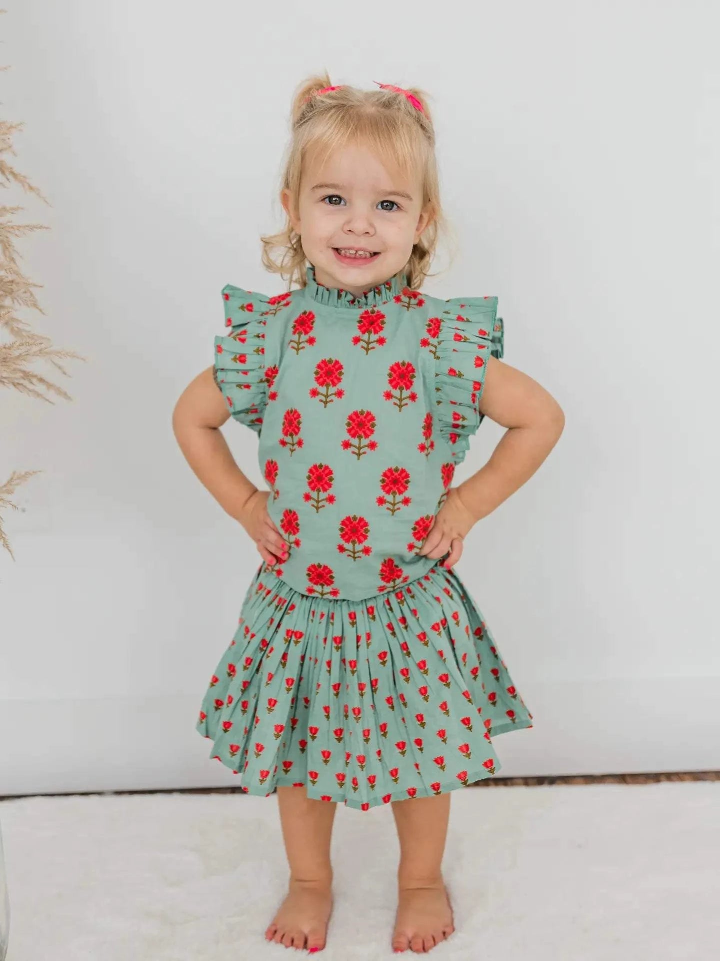 Green Floral Neck Ruffle 2 piece Top & Skorts Set