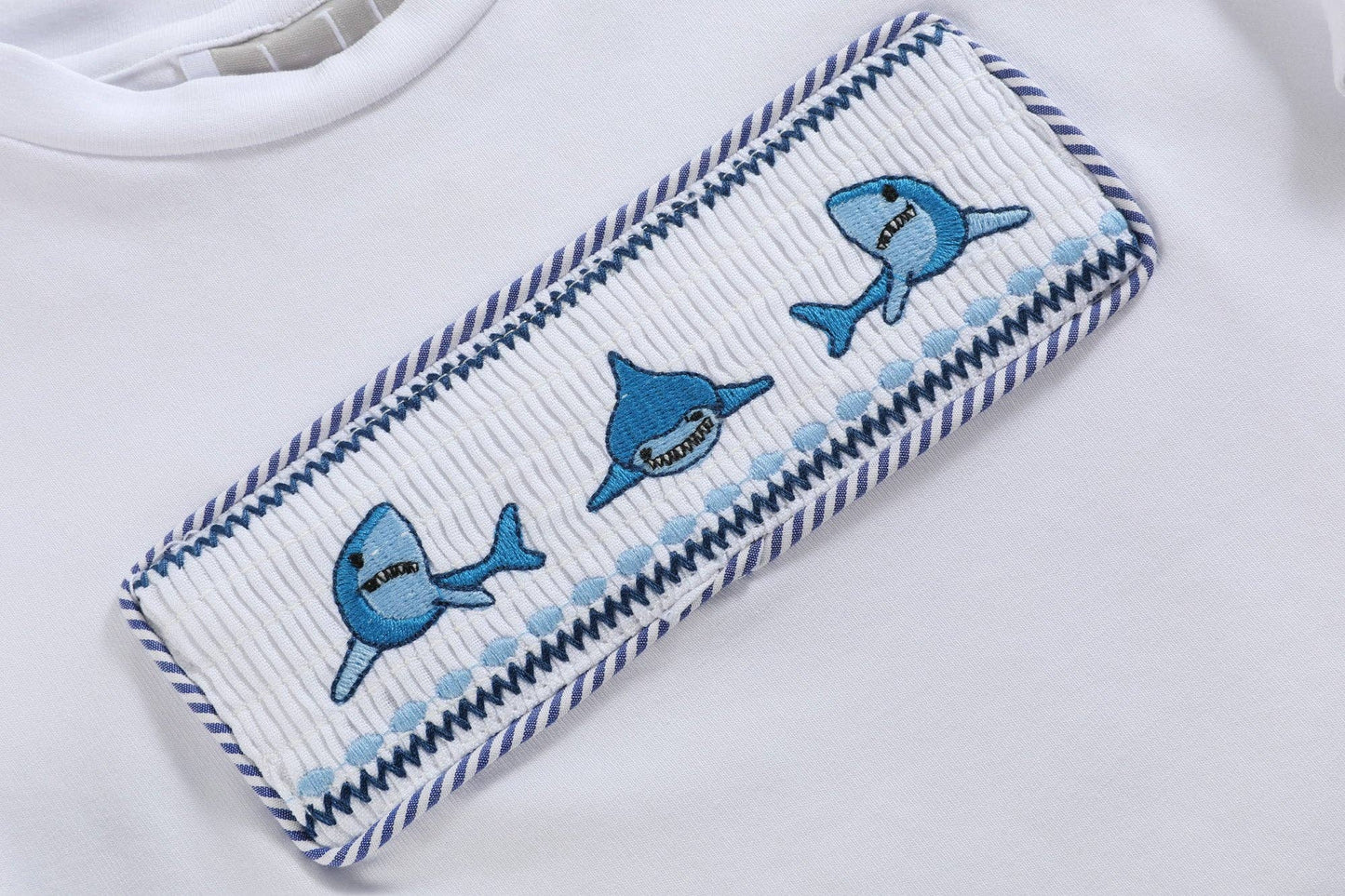 White Shark Smocked Tee and Navy Stripe Shorts Set Media 1 of 6