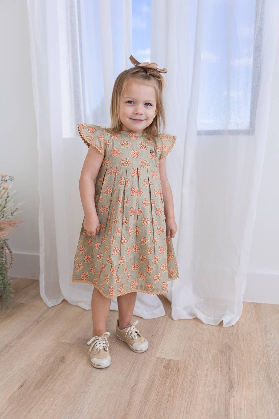 Sage-Green Floral Printed Box Pleat Dress