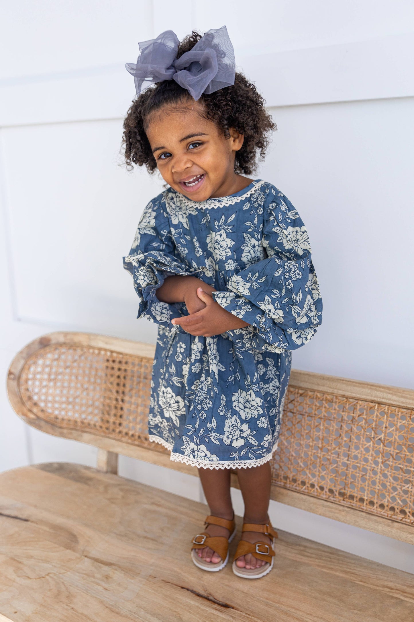 Grey Floral Printed Neck & Bottom Lace Long Sleeves Gathered