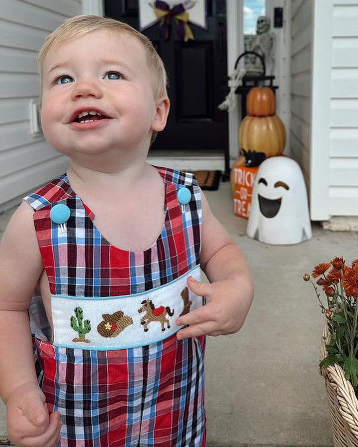 Cute cowboy smocked shortall