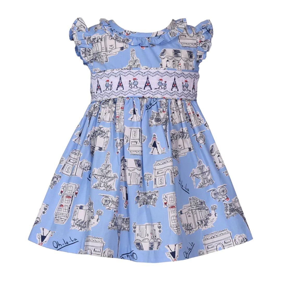 Ruffled Paris-Print Poplin Dress