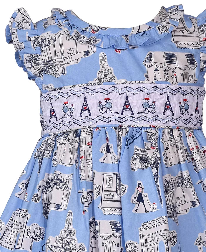 Ruffled Paris-Print Poplin Dress