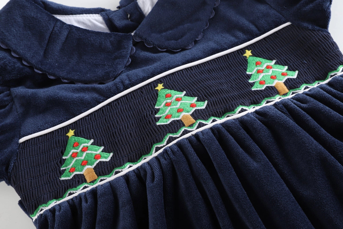 Blue Velour Christmas Tree Smocked Dress