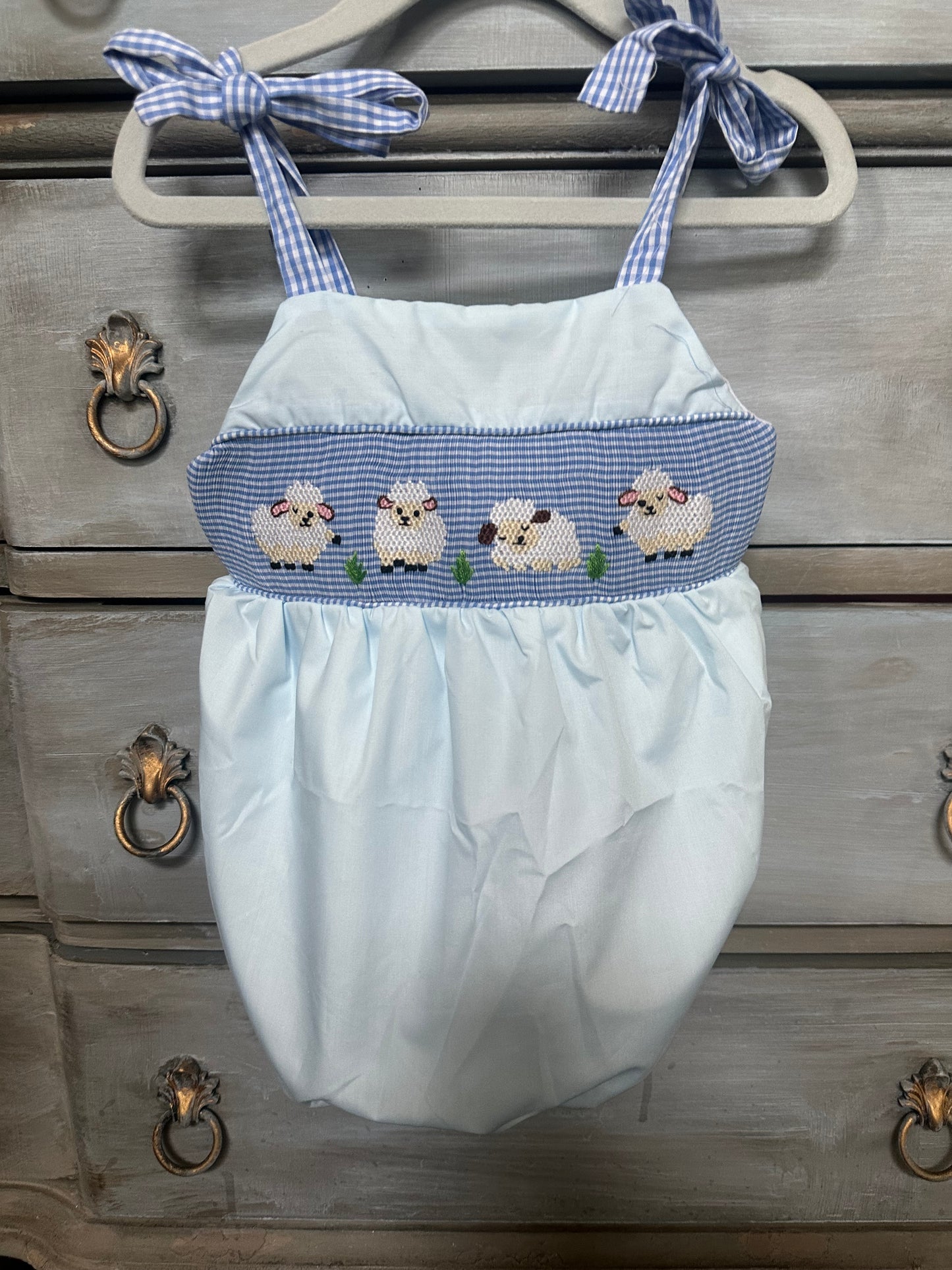 Smocked lamb bubble with gingham bows