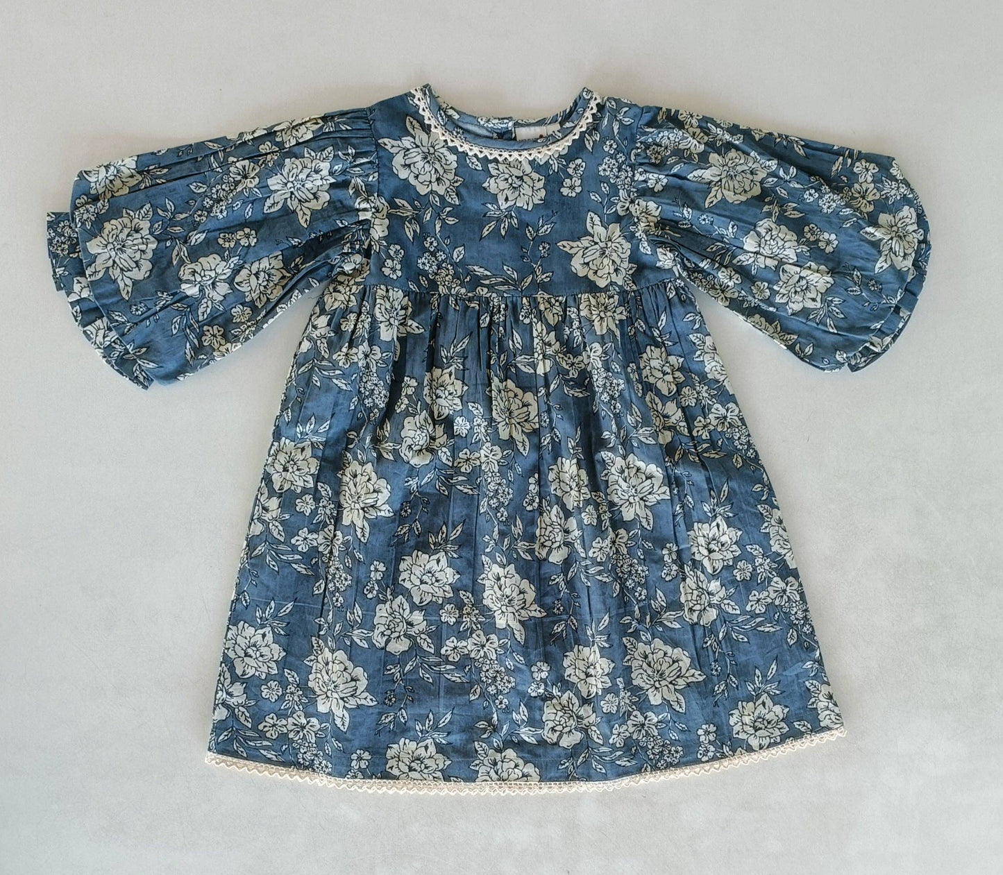 Grey Floral Printed Neck & Bottom Lace Long Sleeves Gathered