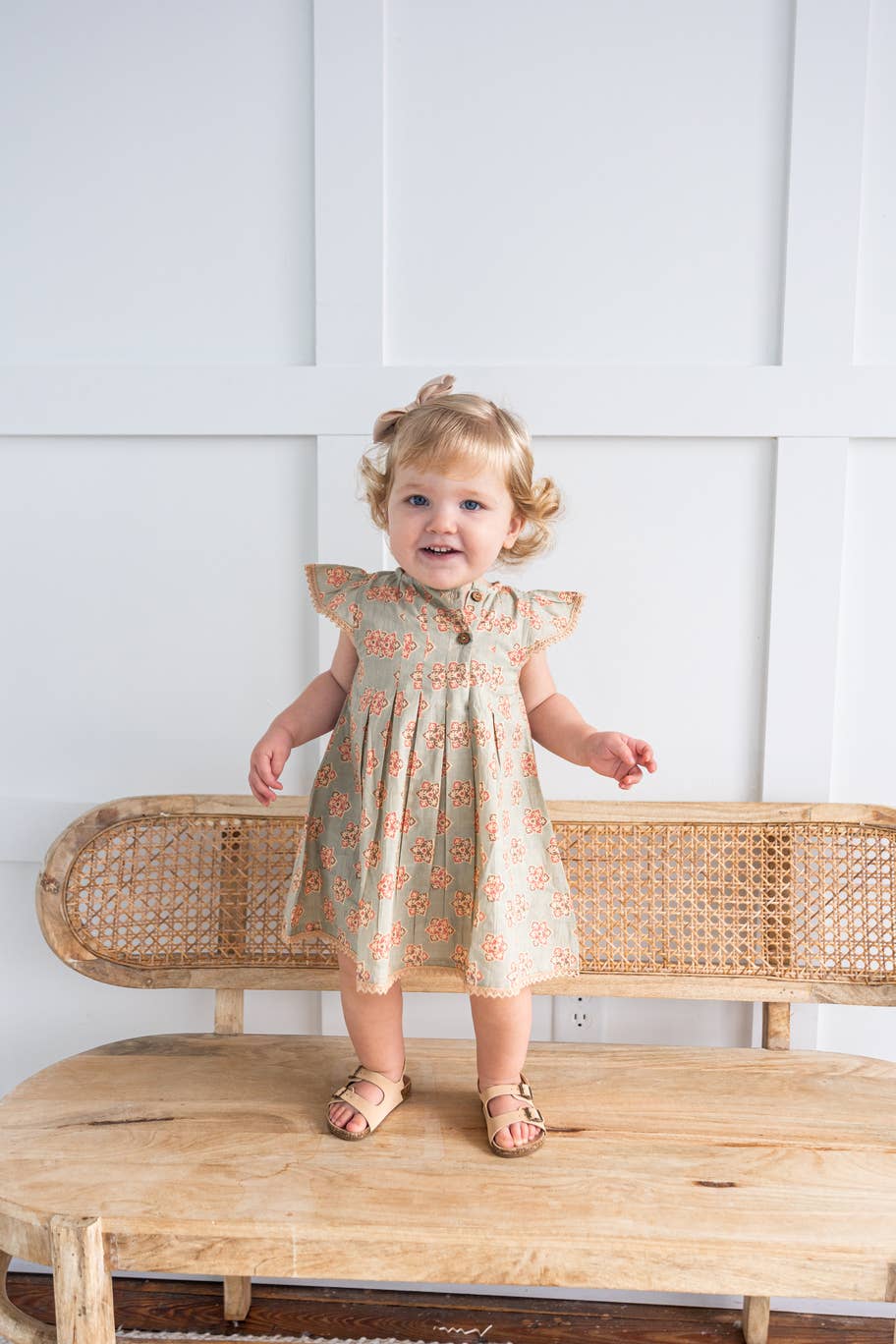 Sage-Green Floral Printed Box Pleat Dress