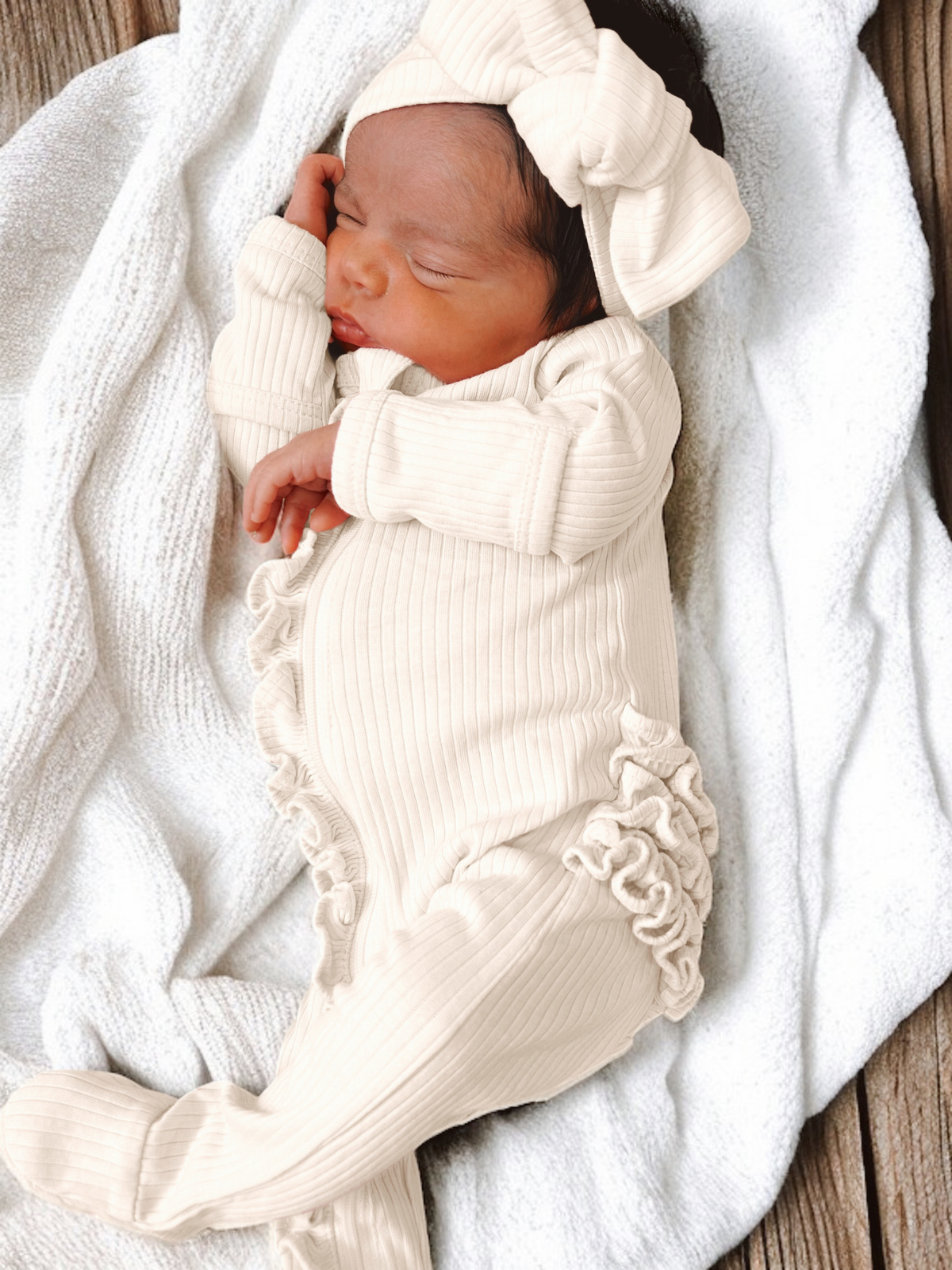 Ivory / Organic Ribbed Frill Zip Footie (Baby - Kids)