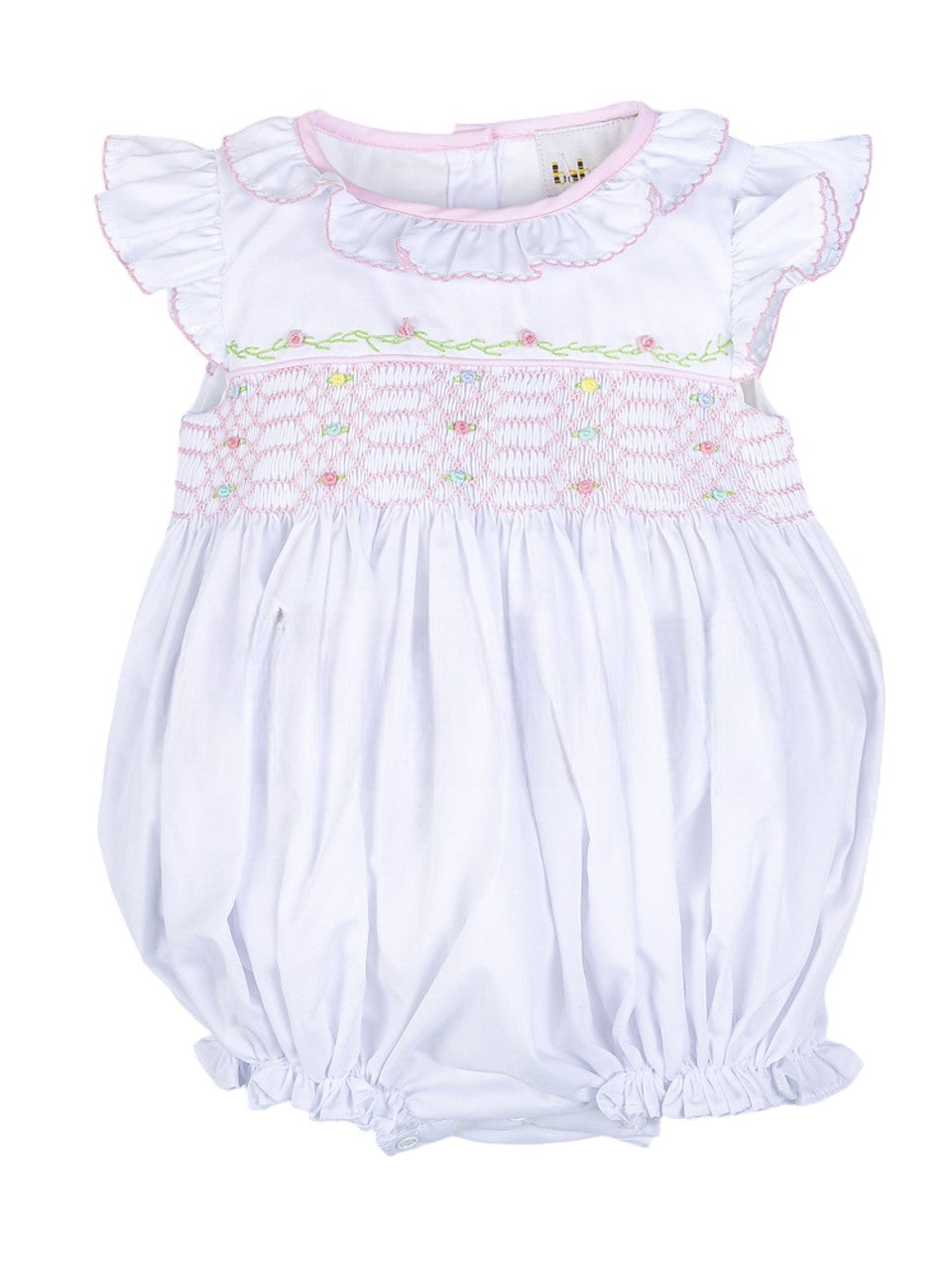 Geometric handsmocked white floral baby bubble