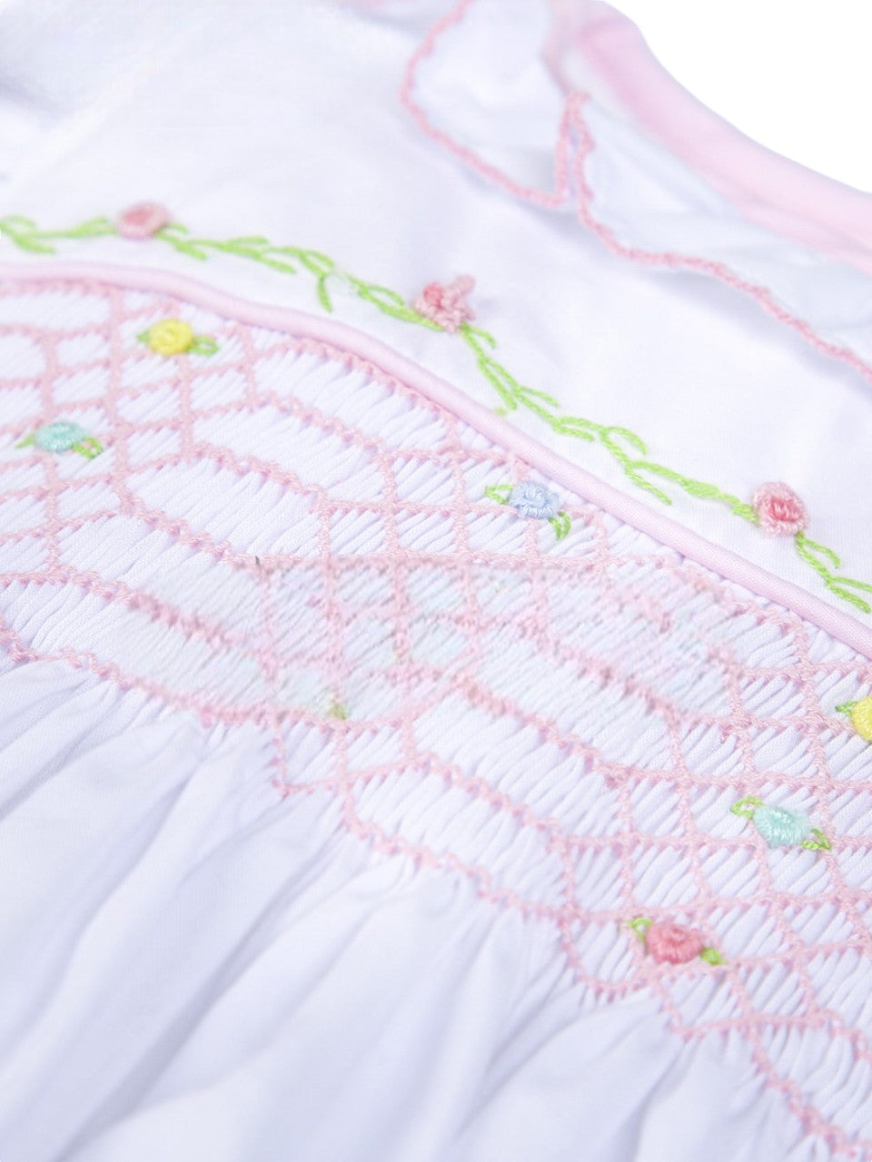 Geometric handsmocked white floral baby bubble