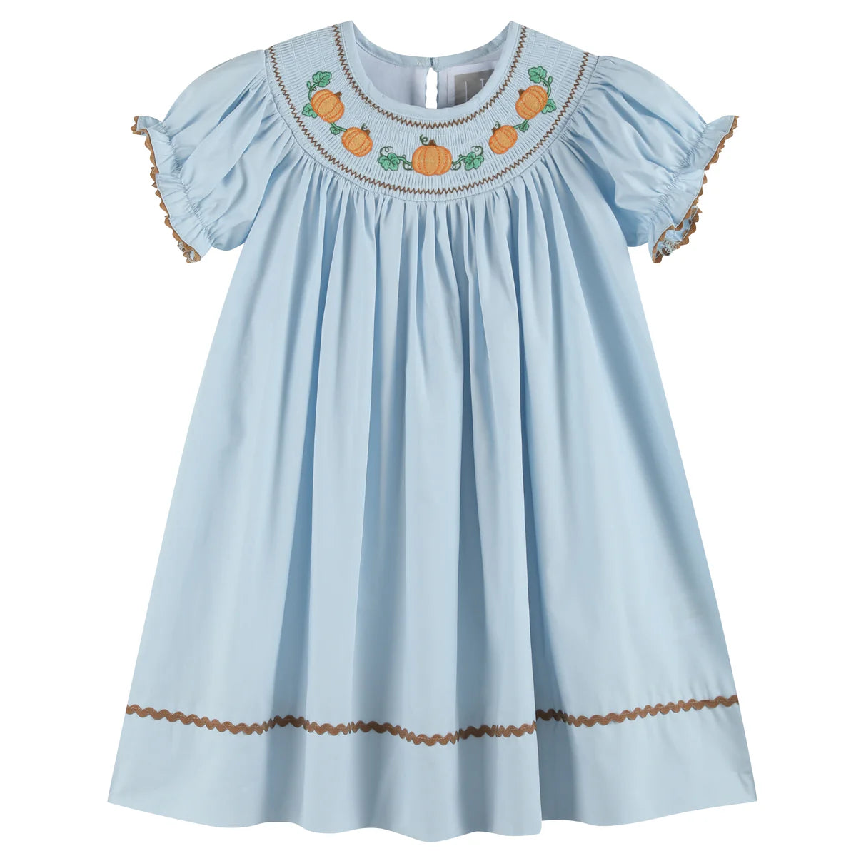 Twirl into autumn magic with our Blue Pumpkin Gingham Smocked Bishop Dress! Adorned with charming smocking along the neckline featuring embroidered pumpkins and vines, this dress is the epitome of fall sweetness. Made in a pretty light blue gingham, it's the perfect choice for a cute and comfy look as your sweet girl welcomes the crisp air and changing leaves.