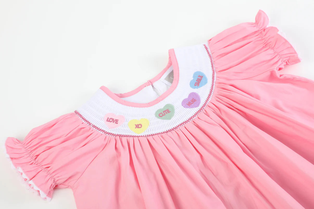 Pink Candy Heart Smocked Bishop Dress