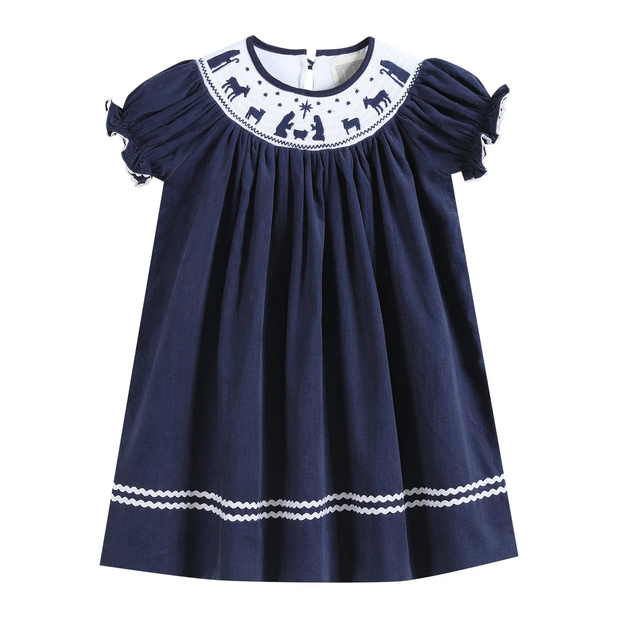 Navy Blue Corduroy Nativity Smocked Bishop Dress