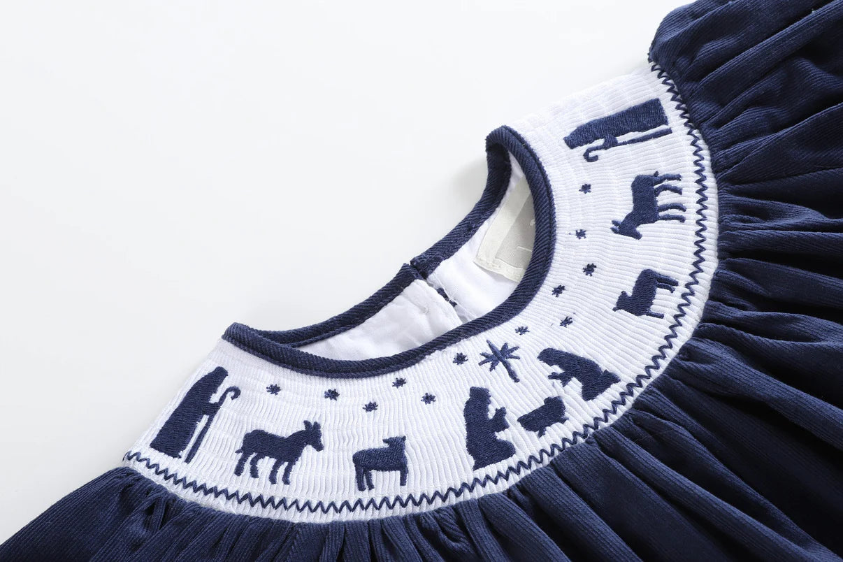 Navy Blue Corduroy Nativity Smocked Bishop Dress