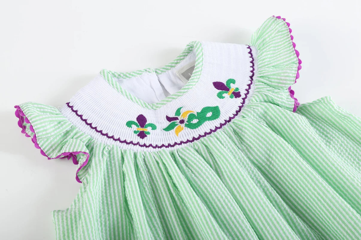 Green and Purple Mardi Gras Smocked Bishop Dress