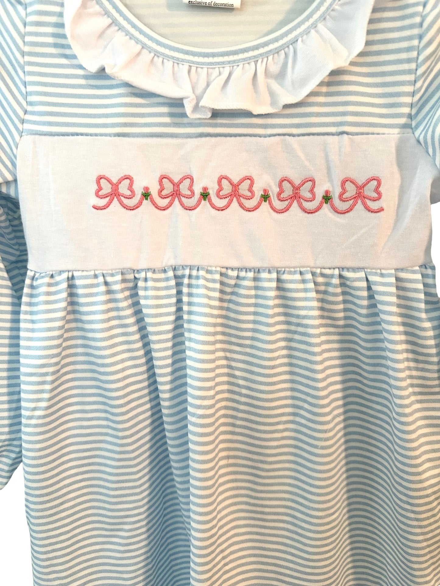 Blue Stripe Long Sleeve Dress with Pink Bow Embroidery