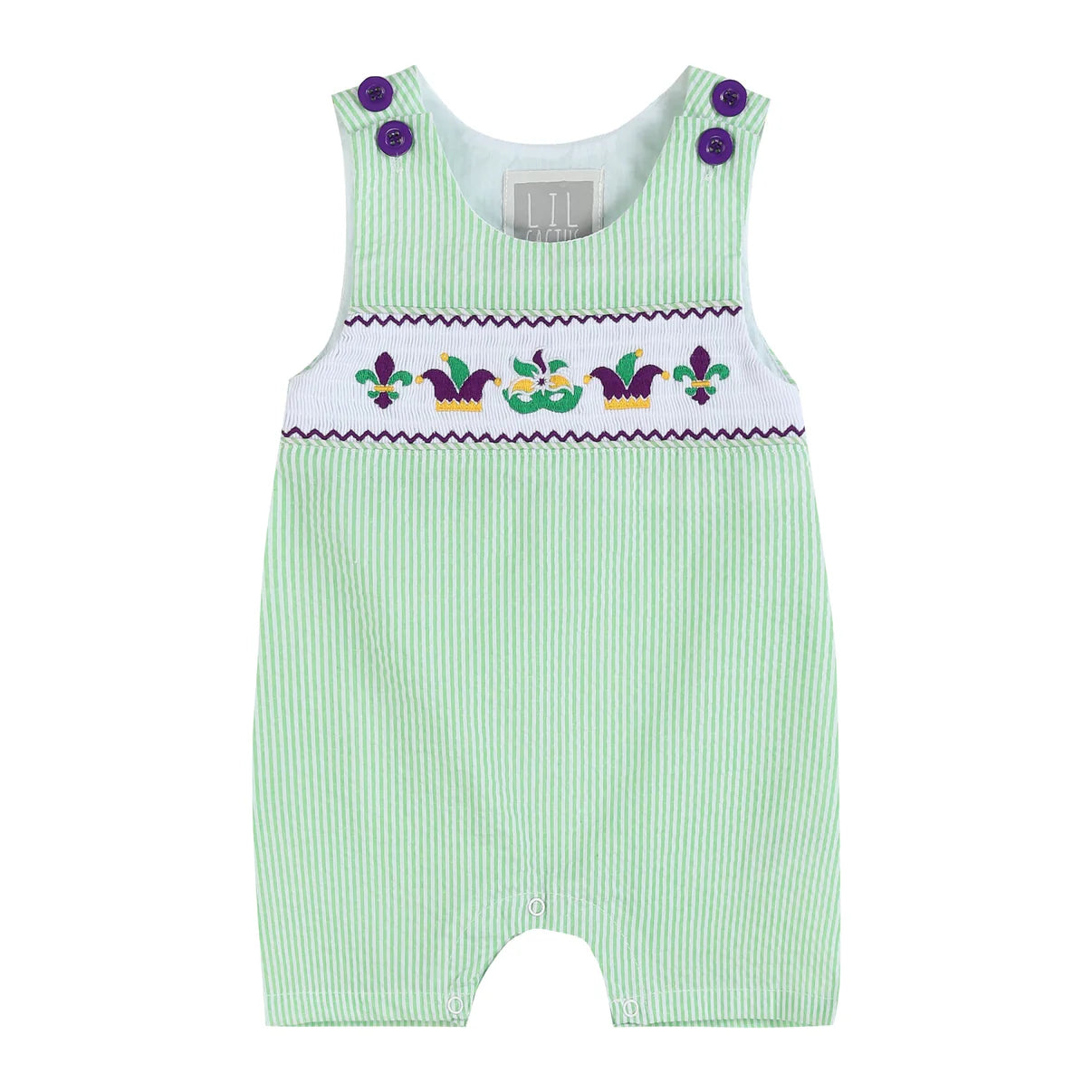 Green and Purple Mardi Gras Smocked Shortalls