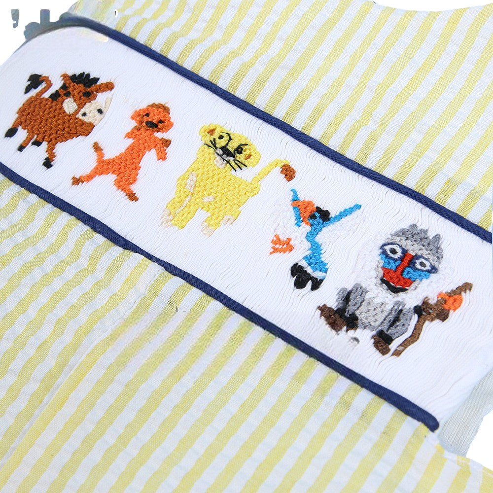 Smocked lion boy yellow striped seersucker shortall