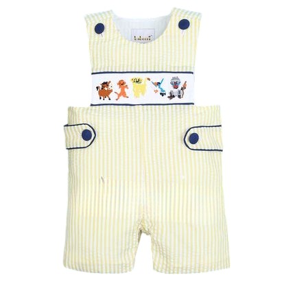 Smocked lion boy yellow striped seersucker shortall