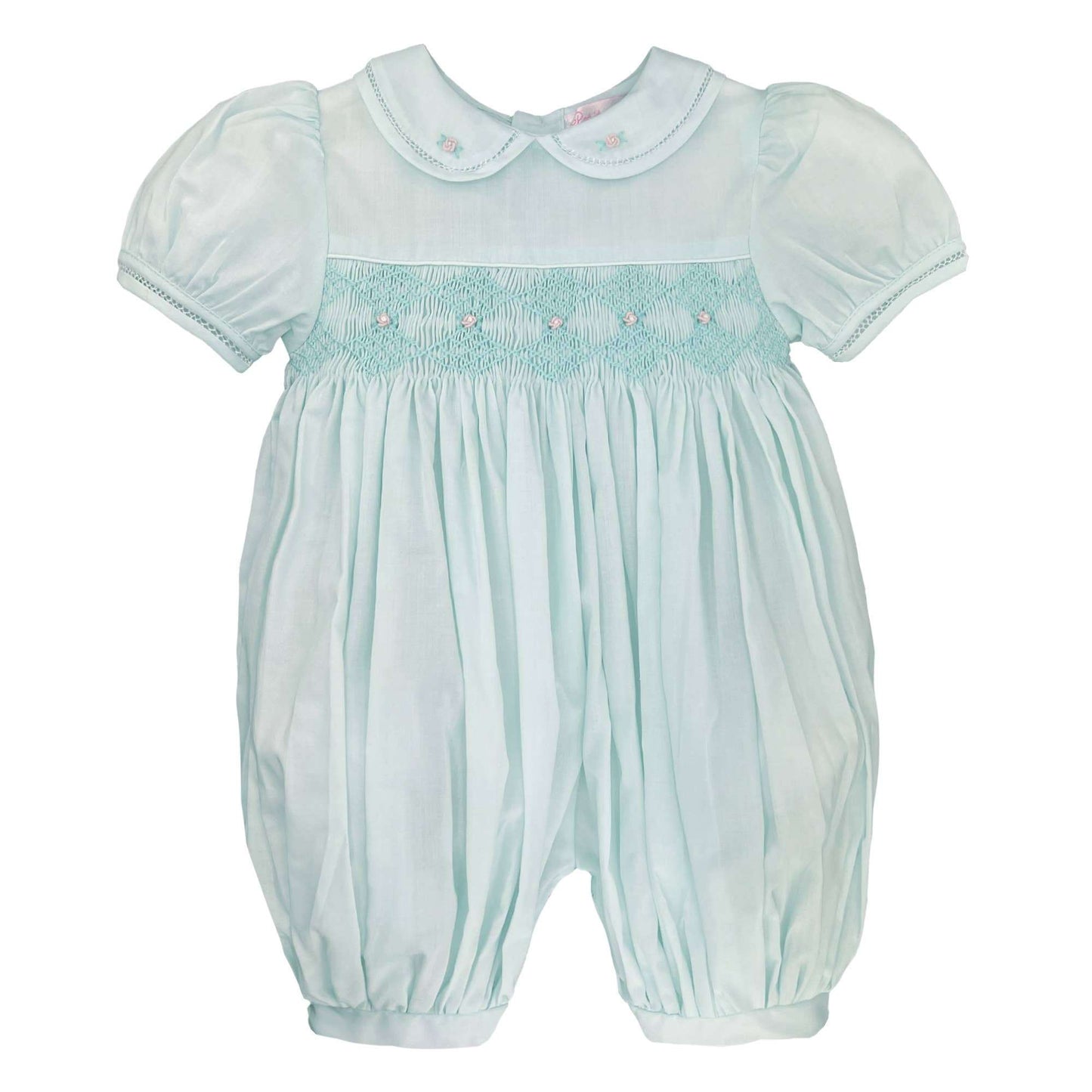 Mint French Bubble baby outfit with diamond smocking and embroidered flowers in lightweight batiste fabric
