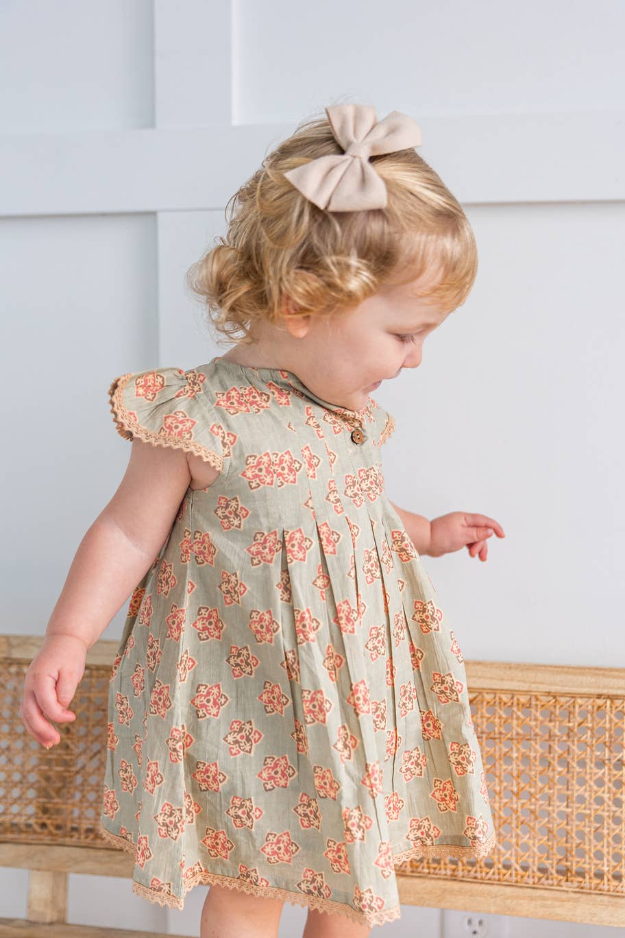 Sage-Green Floral Printed Box Pleat Dress