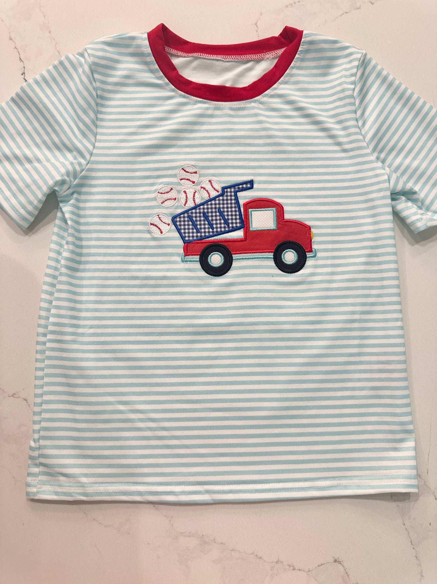 Blue Striped Baseball Dump Truck Tee