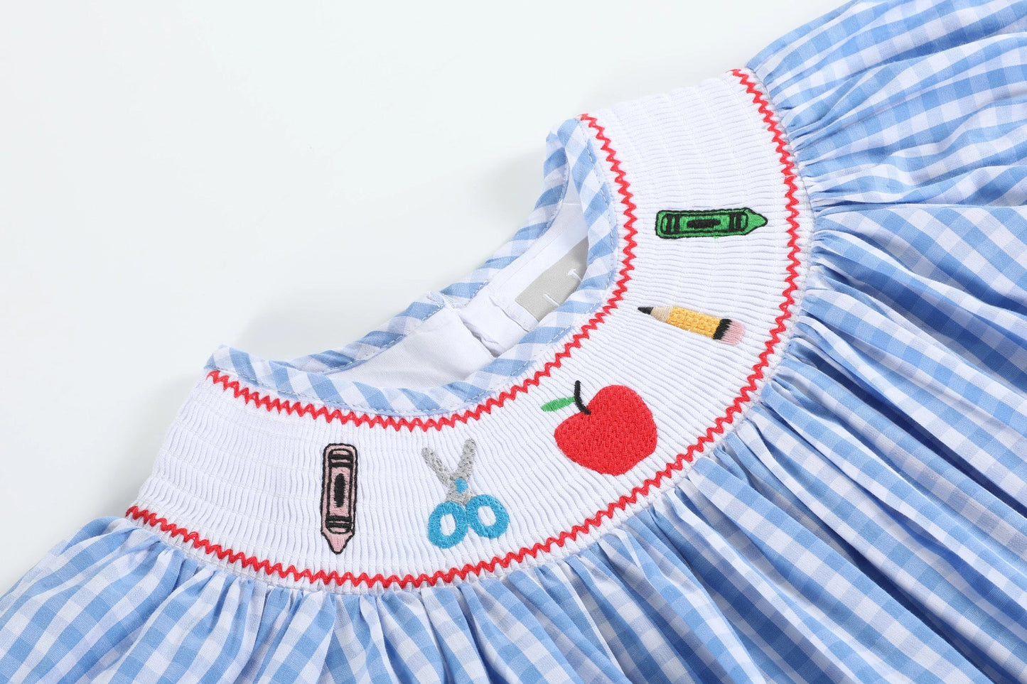 Blue Gingham School Supplies Smocked Bishop