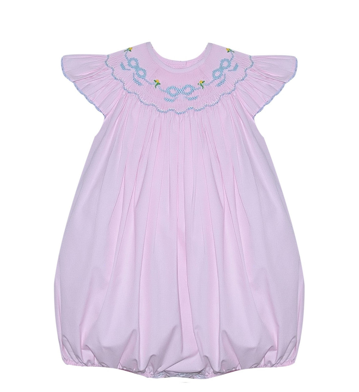 Pink Girl Bubble With Blue Smocked Ribbons