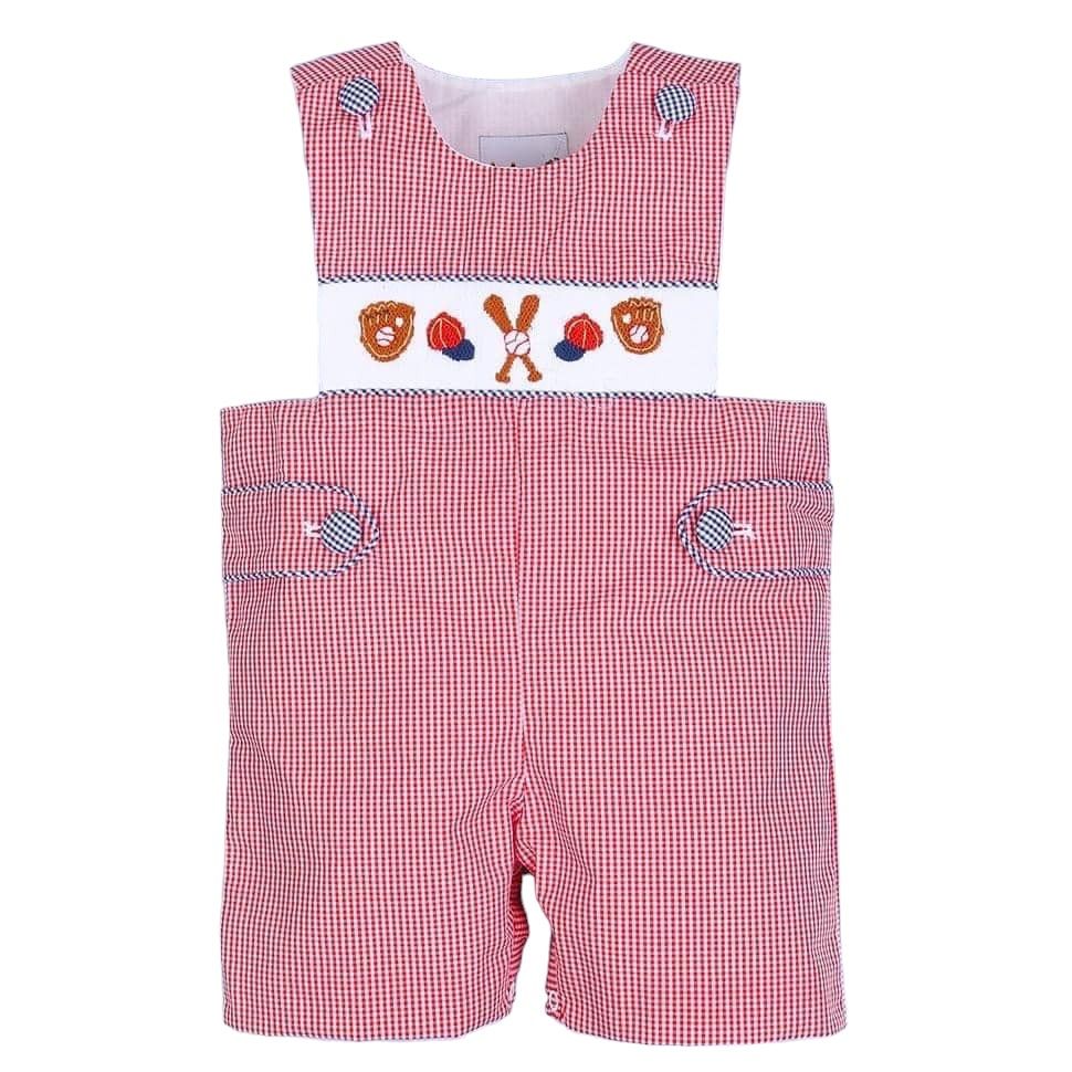 Baseball smocked red gingham shortall for toddlers with baseball embroidery and checkered pattern