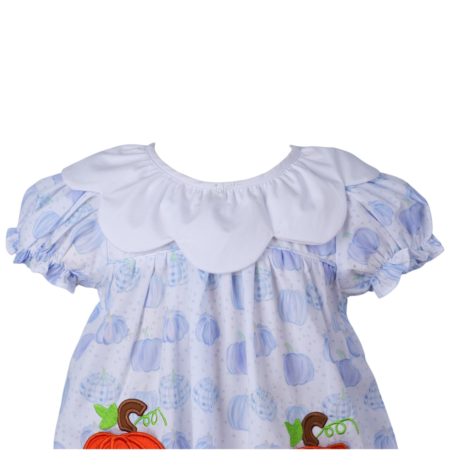 Scallops blue pumpkin applique bubble